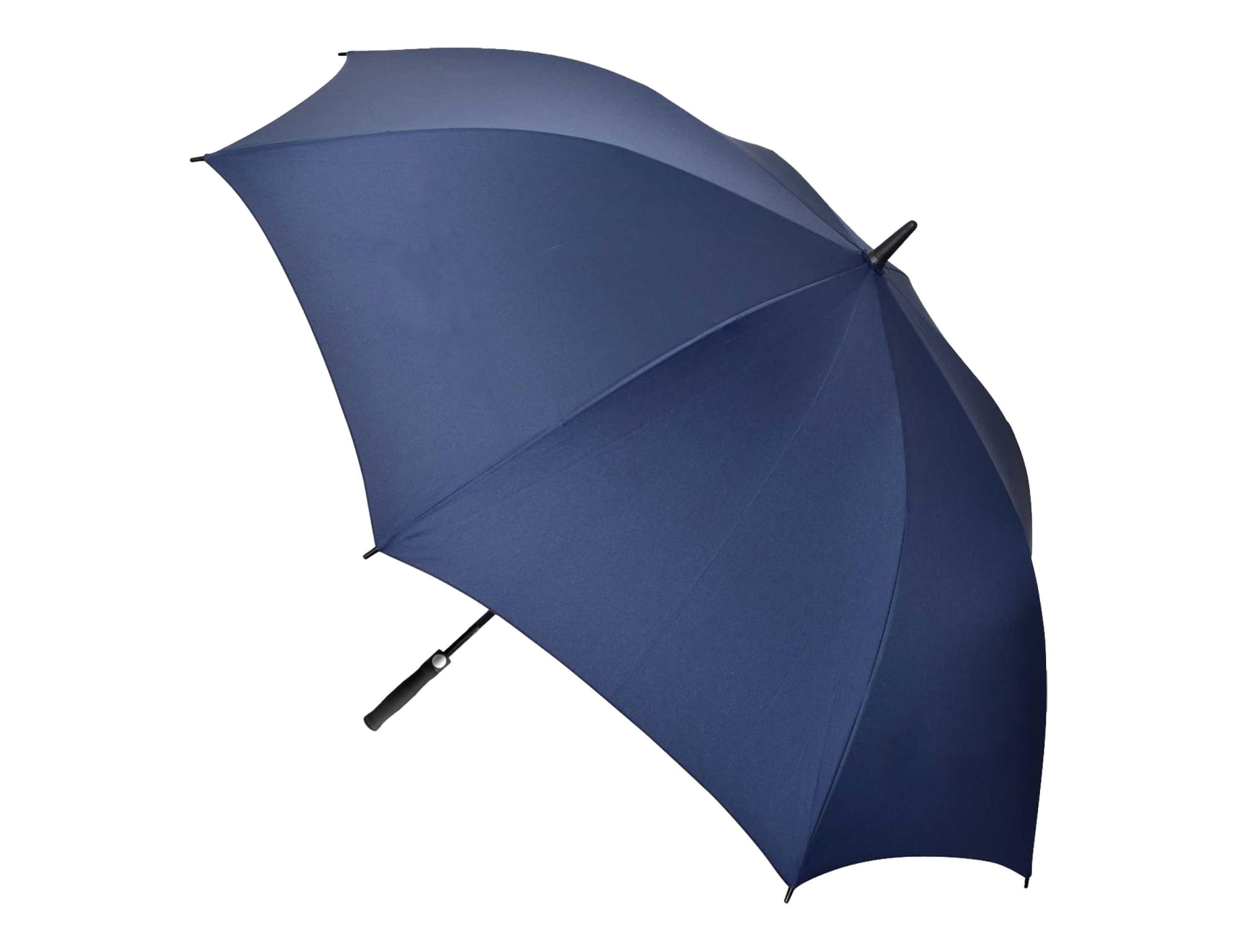 A navy blue auto golf umbrella with a black handle, featuring a logo on the canopy.