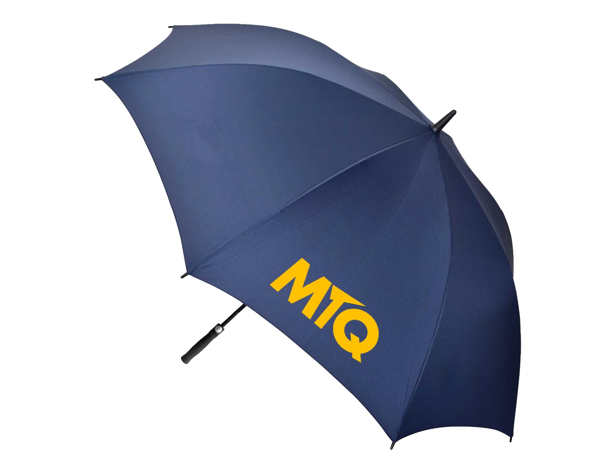 A navy blue auto golf umbrella with a handle and a logo in yellow.