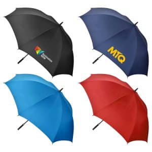 A collection of four golf umbrellas in black, blue, red, and a logoed design. Each umbrella features a sturdy handle.