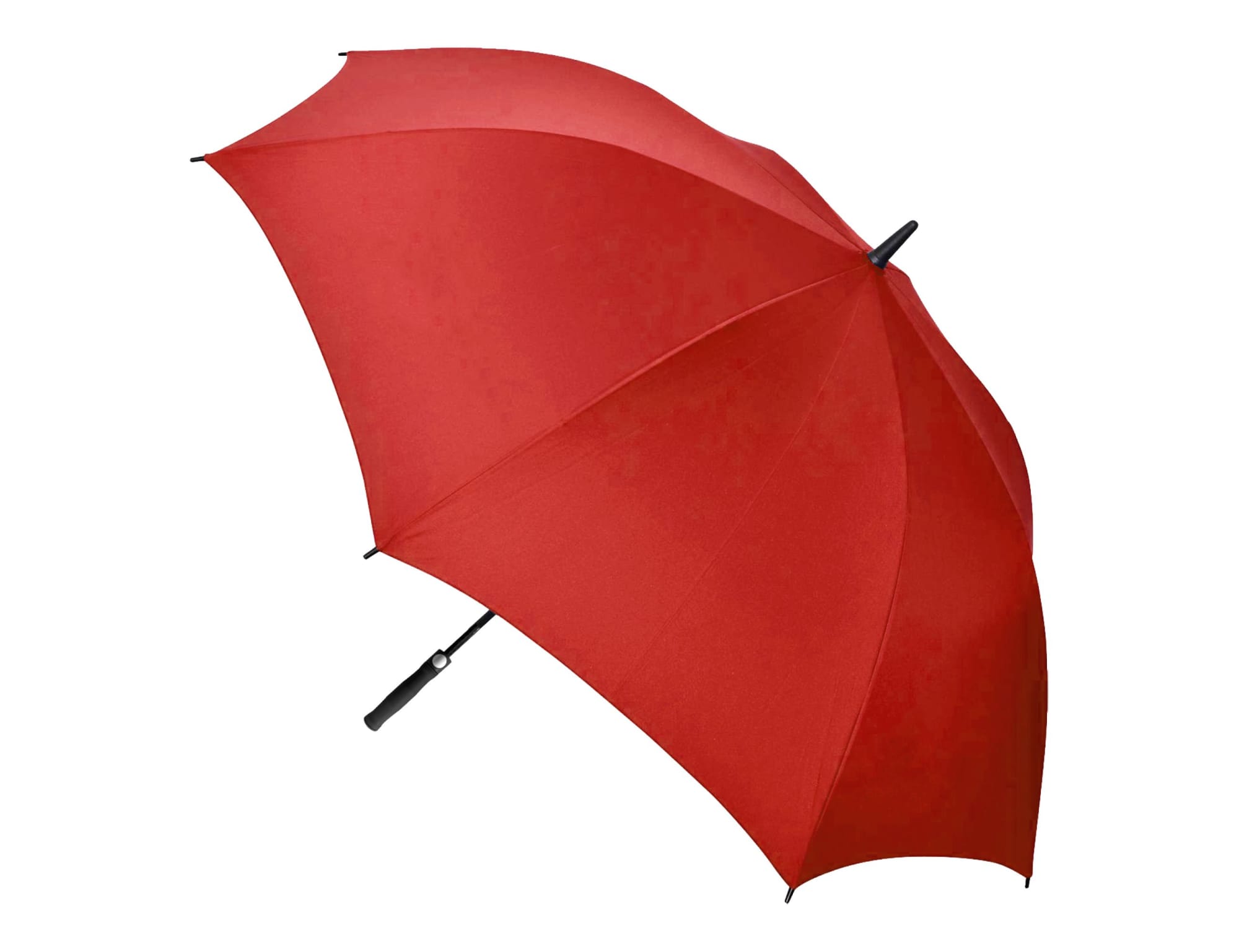 A red auto golf umbrella with a black handle and a logo. Ideal for protecting from rain and sun during golf.