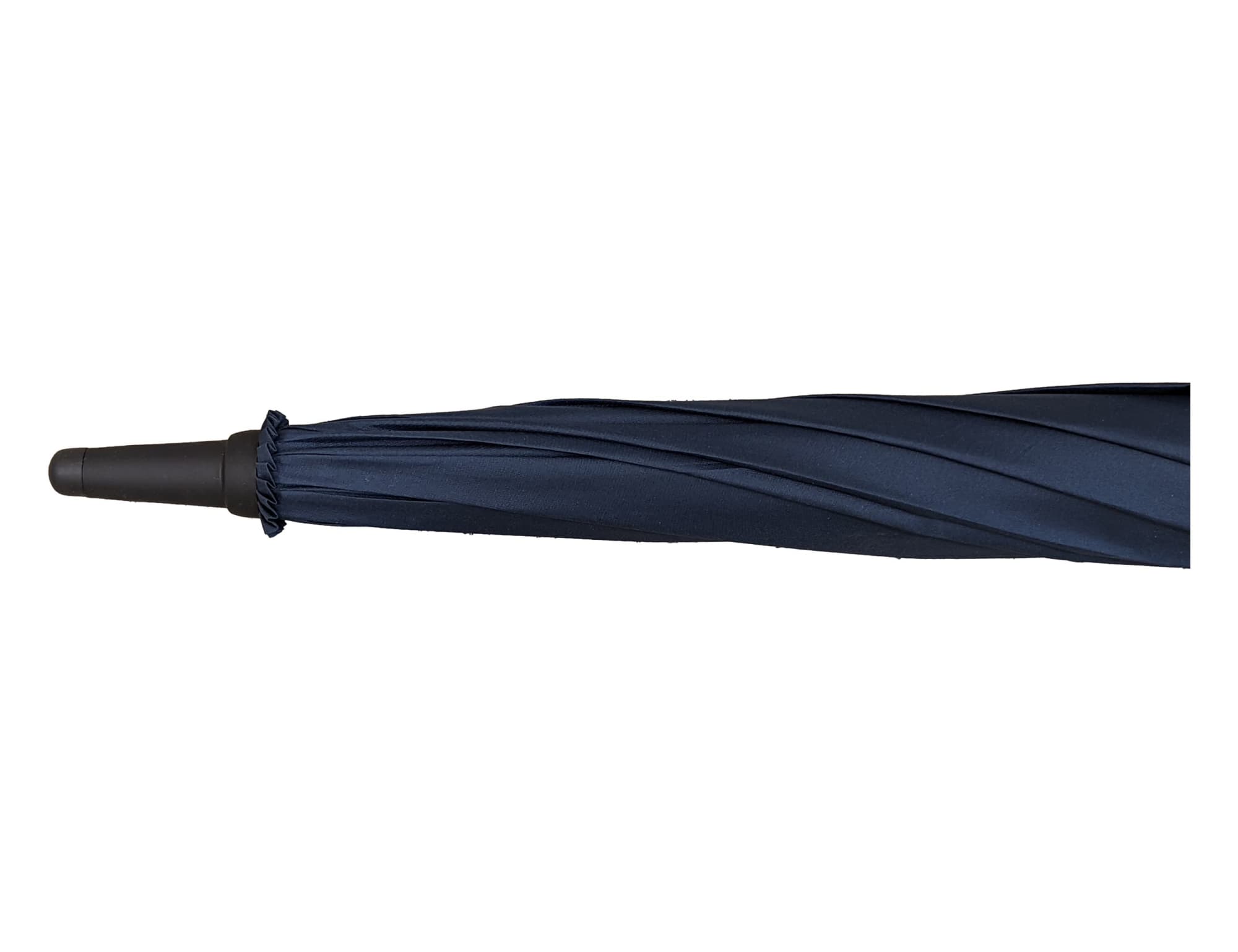 A navy blue auto golf umbrella featuring a curved handle and a textured shaft, with a logo on the fabric.