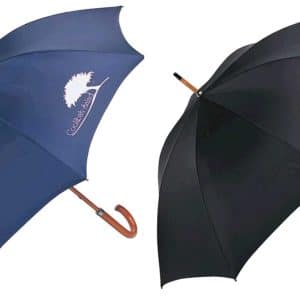 Two umbrellas are displayed, one in navy blue with a logo and the other in black with a logo, both featuring a curved handle.
