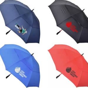 A collection of Deluxe 30 auto golf umbrellas in black, blue, red, and grey, featuring various logos.
