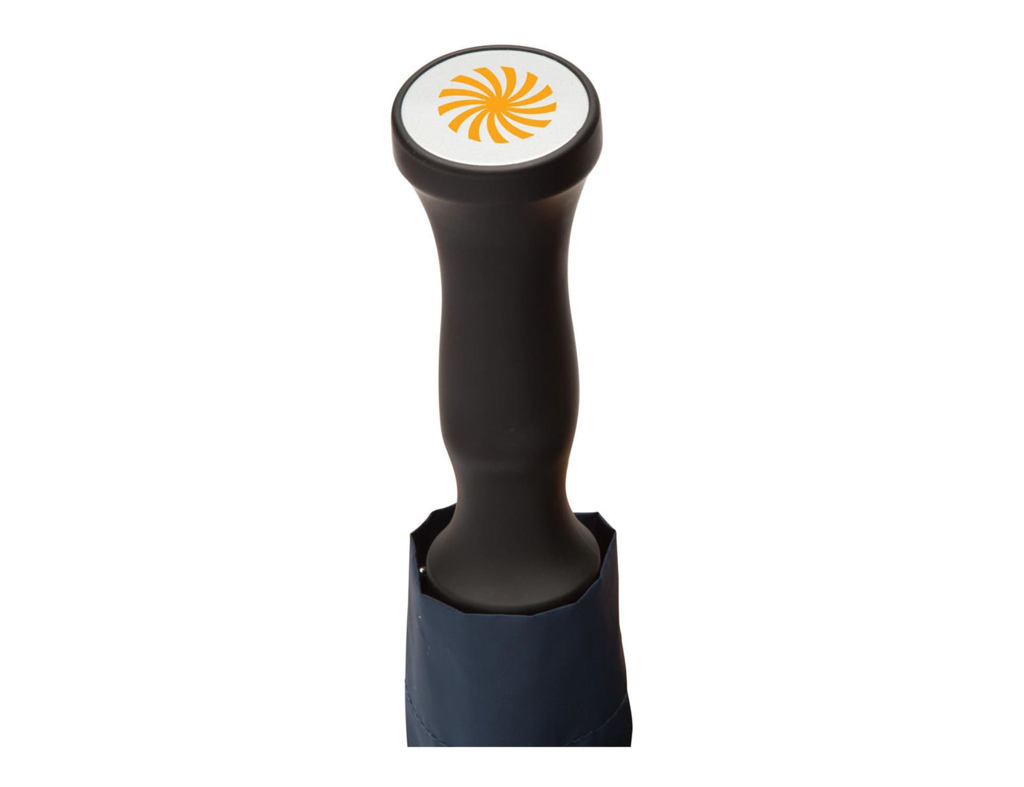 A black and navy auto golf umbrella featuring a circular handle with a logo design on top.