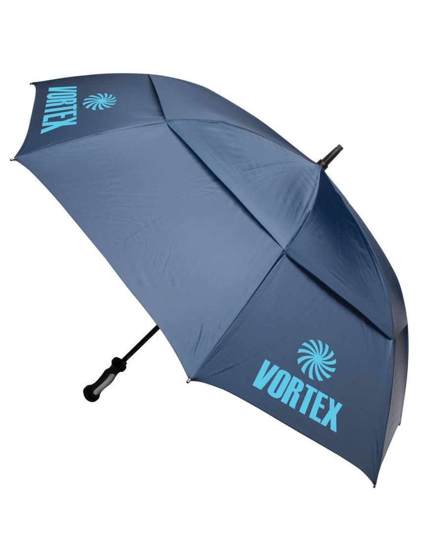 A navy blue auto golf umbrella with a black handle and a logo on the canopy.