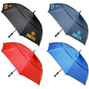 A collection of four umbrellas in black, blue, red, and grey, each featuring a logo or branding.