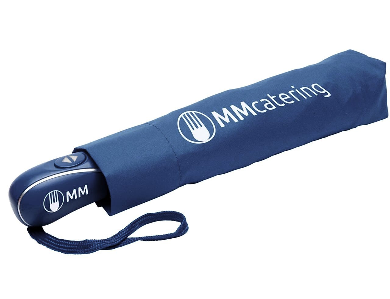 A navy umbrella with an auto open/close mechanism, featuring a branding logo on its sleeve.