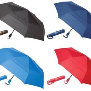 A collection of four umbrellas in black, navy blue, light blue, and red, each with a matching branded sleeve.