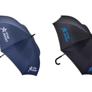 A navy and a black umbrella are displayed, both featuring curved handles and a branded logo.