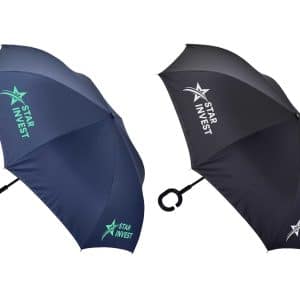 A navy and black inverter umbrella with a C handle, featuring branding on both canopies.