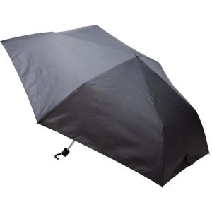 A compact traveller umbrella in black, featuring a classic design and a handle for easy carrying.