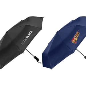A fold-up umbrella in black and navy blue, featuring a logo on each side. Made from RPET material.