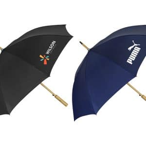 A black and a navy RPET umbrella with wooden handles, each featuring a logo.