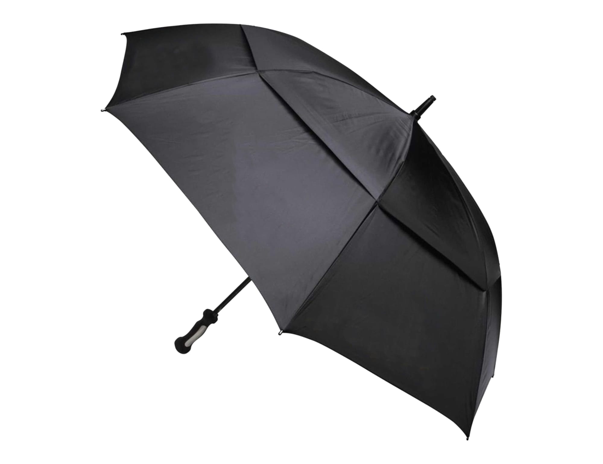 A black RPET golf umbrella with a sturdy frame and handle, featuring branding on the canopy.
