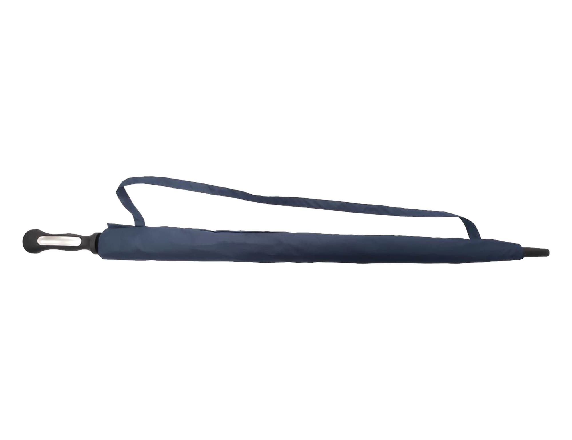 A navy RPET golf umbrella with a sleek handle and a carrying strap, featuring a simple design and a logo.