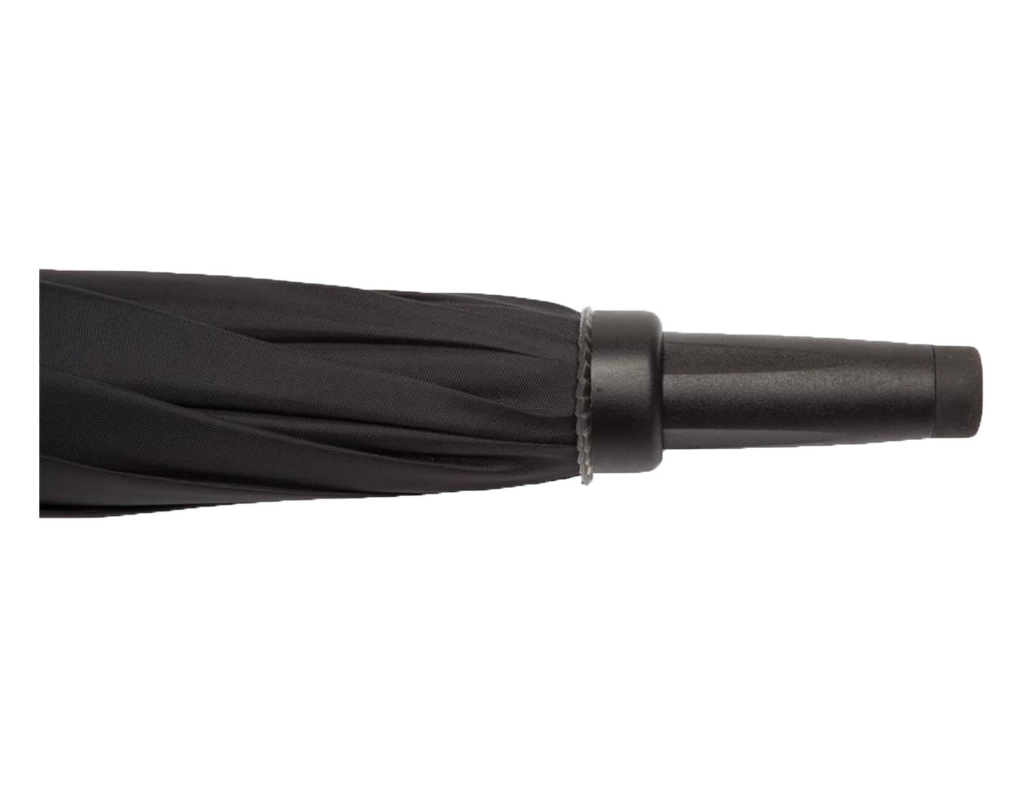 A black RPET golf umbrella with a solid handle and a sleek, folded design. It features branding on the handle.