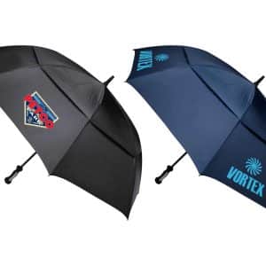 A black and navy golf umbrella featuring a logo, with a sleek, dual-panel design.