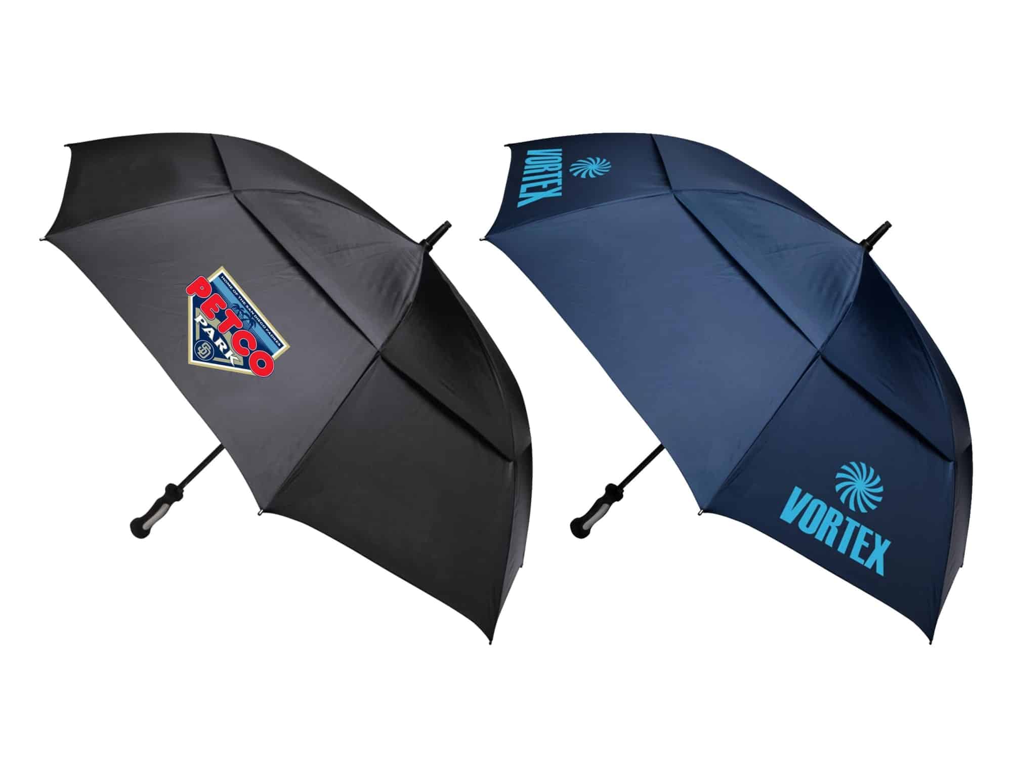 A black and navy golf umbrella featuring a logo, with a sleek, dual-panel design.