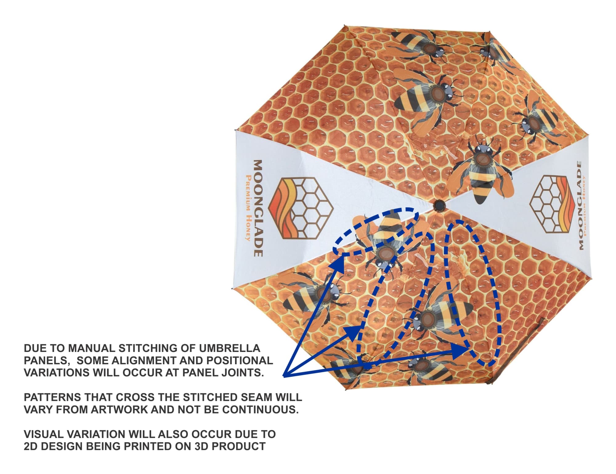 A full-colour promotional umbrella featuring a honeycomb and bee design. It has a logo and various stitched panel patterns.
