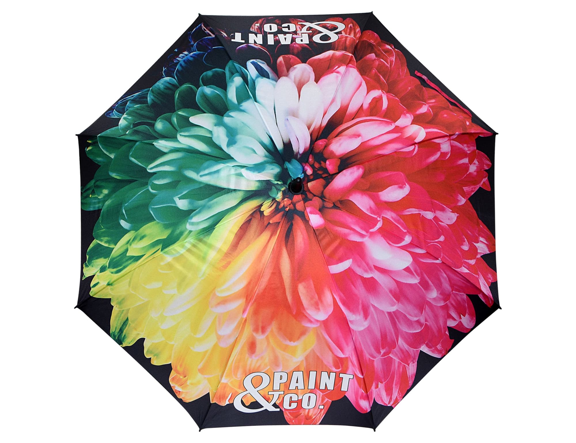 A vibrant full-colour umbrella featuring a floral design in shades of pink, green, and blue, with branding.