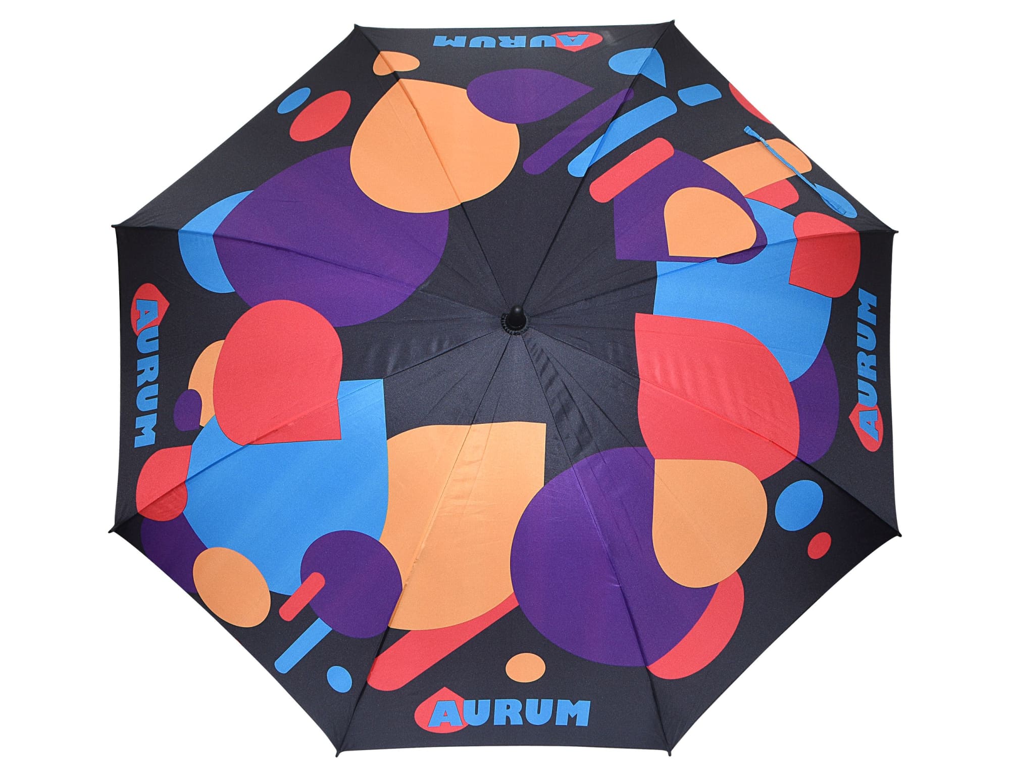 A colourful black umbrella featuring abstract shapes in orange, purple, and blue, with a logo on its canopy.