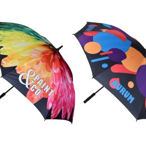 A golf umbrella featuring a vibrant floral design in multiple colours on one side and bold geometric shapes on the other.