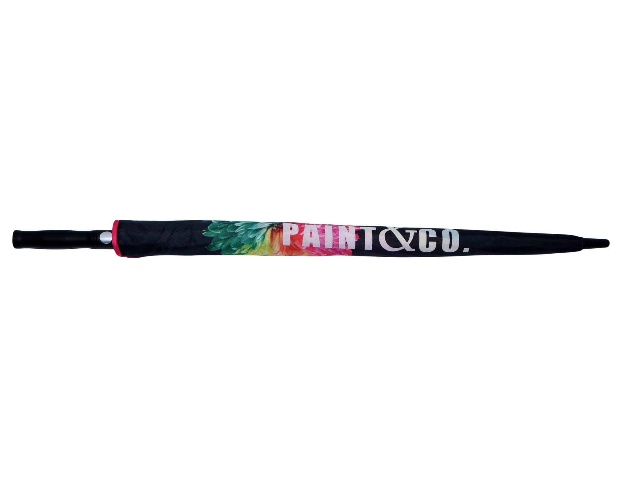 A full colour promotional umbrella with a vibrant design, featuring a dark canopy and a handle. It has a logo.