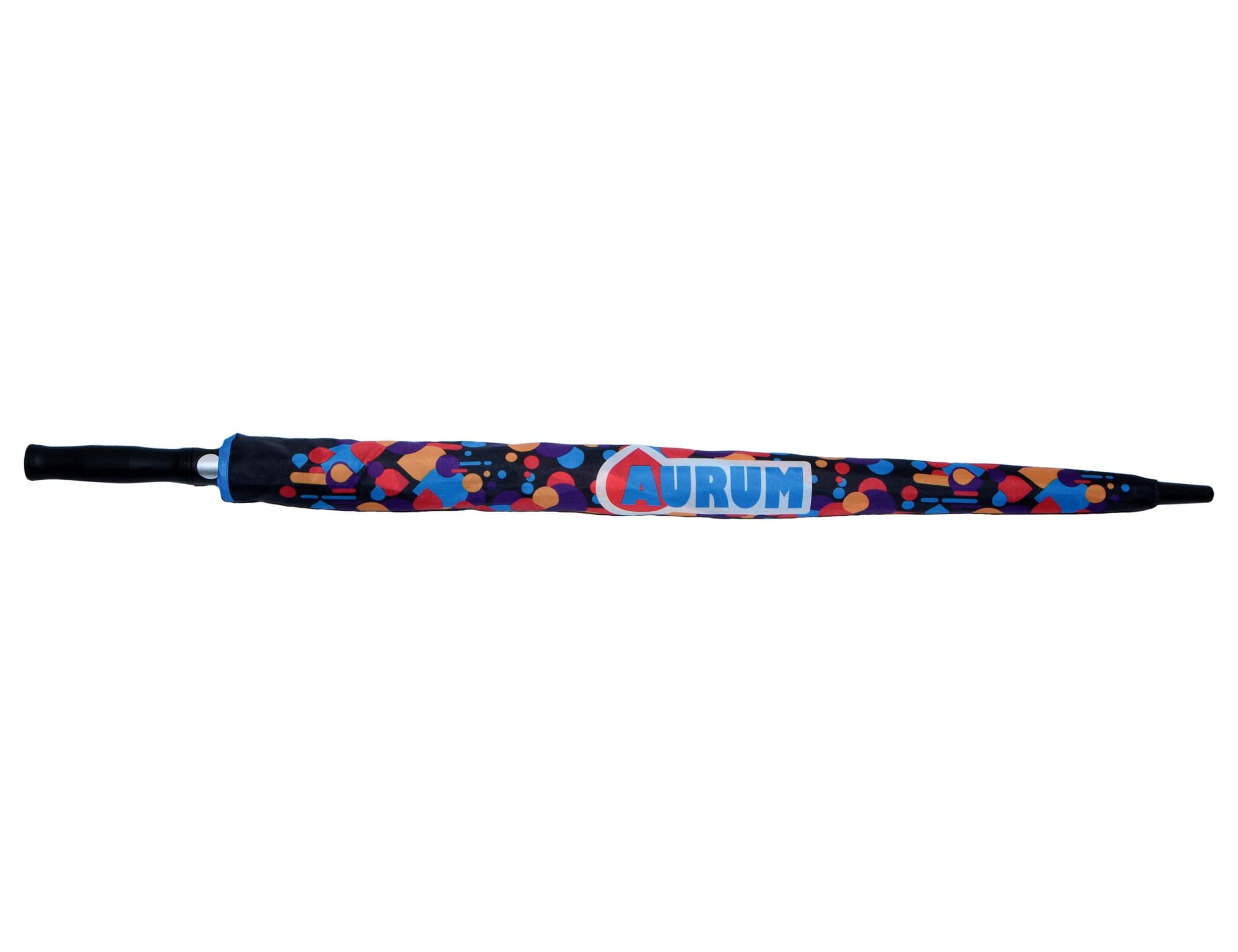 A full-colour promotional umbrella with a vibrant pattern of red, blue, and multicoloured dots, featuring a logo.