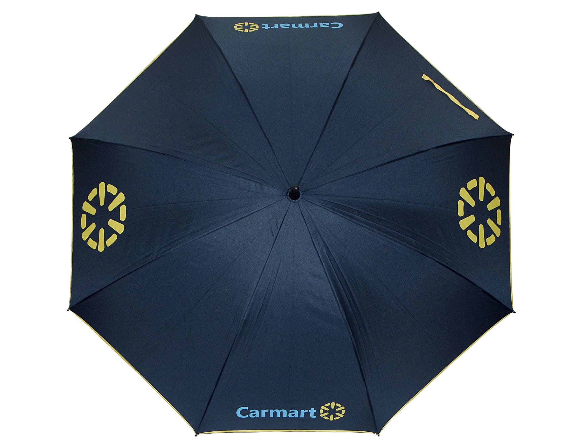 A navy umbrella with a yellow logo and branding, featuring a standard eight-panel design.