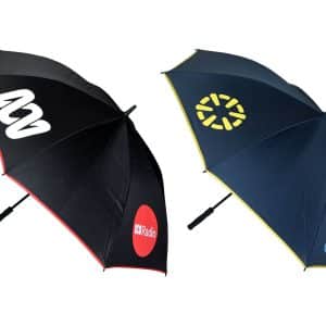 A promotional umbrella featuring a black side with logos and a navy side with a logo, equipped with a black handle.