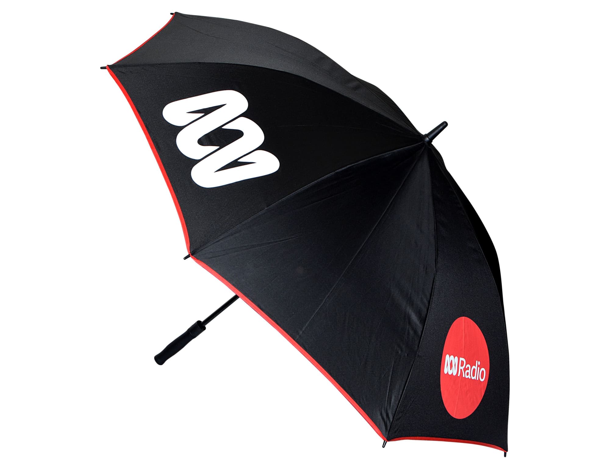 A black umbrella with a red trim and a logo on one side, designed for leisure and outdoor use.