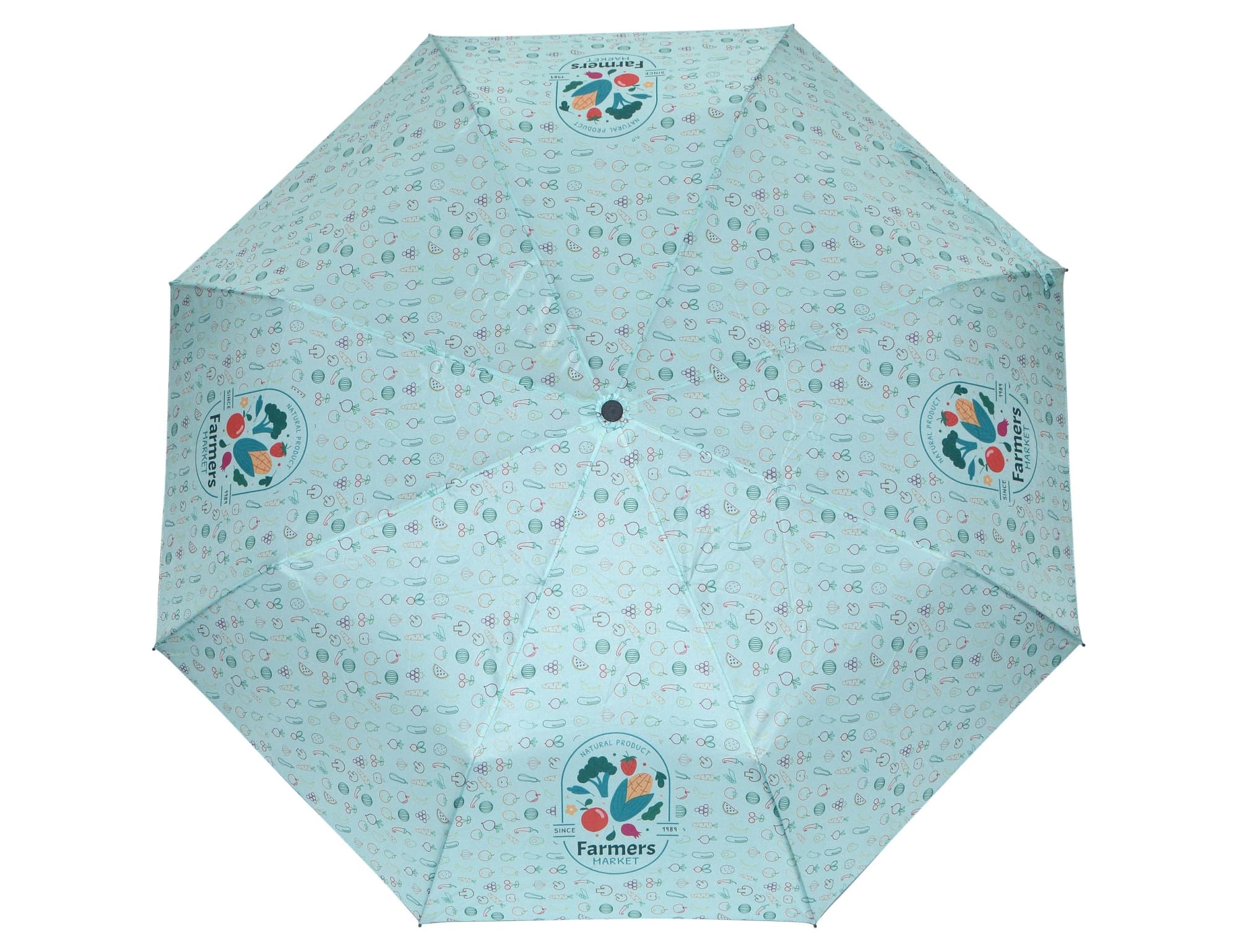 A full-colour umbrella featuring a light blue design with various patterns and a logo. It has eight panels.