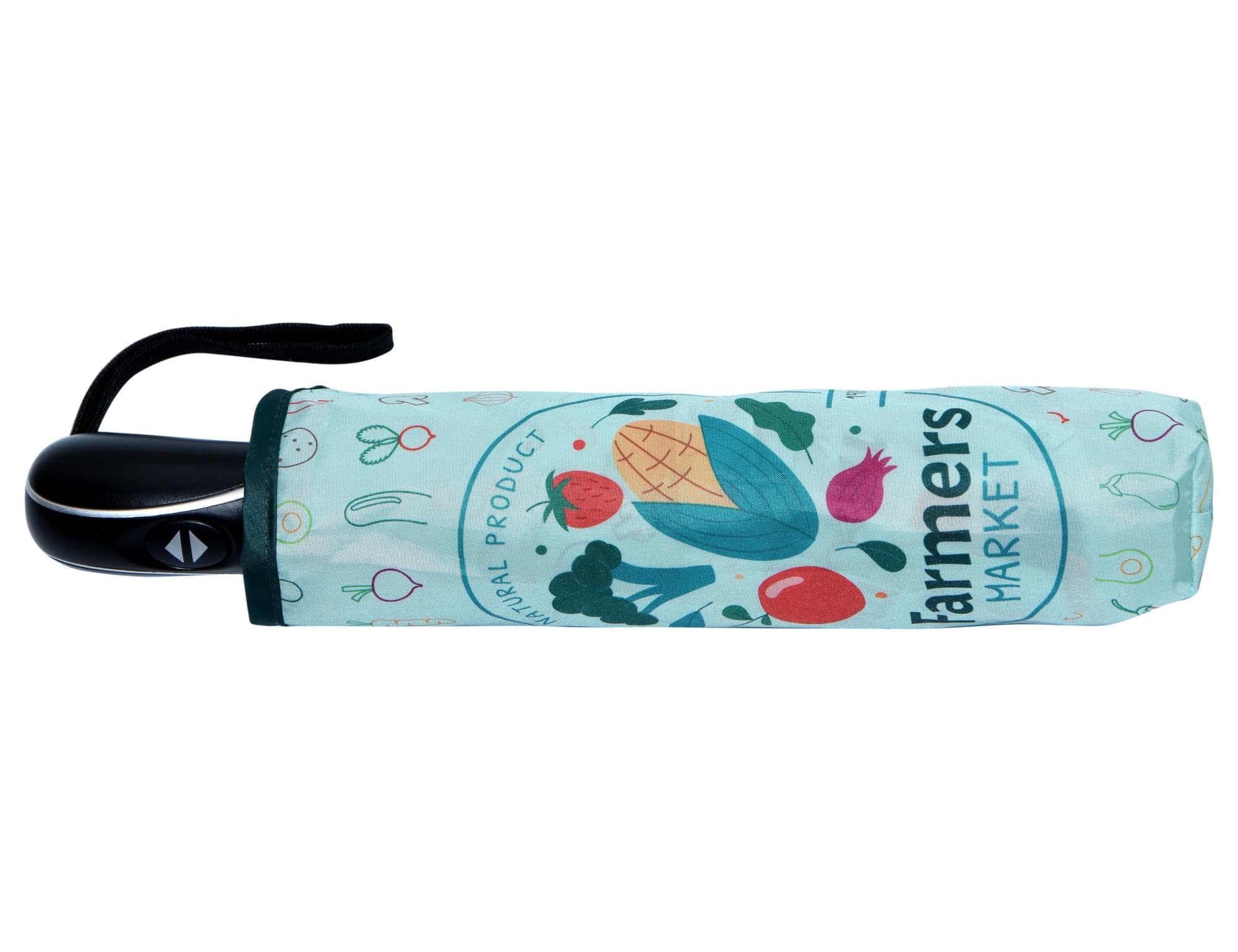 A closed umbrella with a light blue cover featuring various vegetable illustrations and a logo.