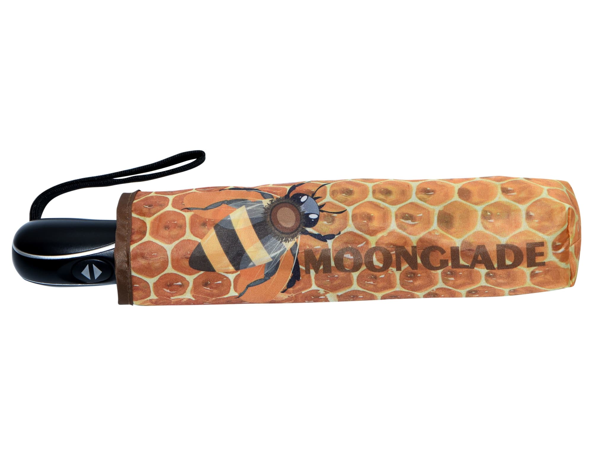 A full colour umbrella featuring a honeycomb pattern and a bee design, complete with a black handle and strap.