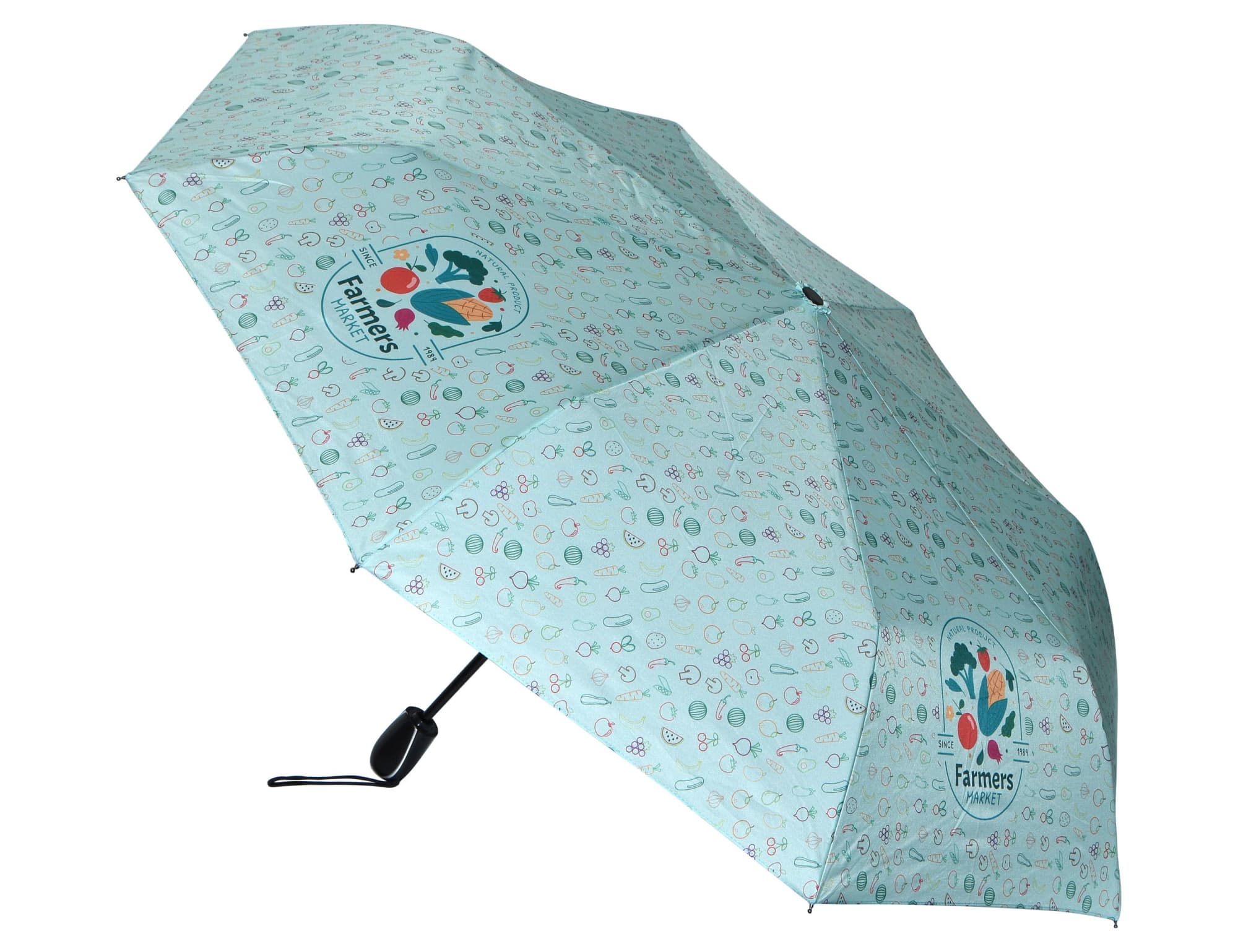 A full-colour, sea-themed umbrella featuring a pastel blue design with various patterns and a logo.