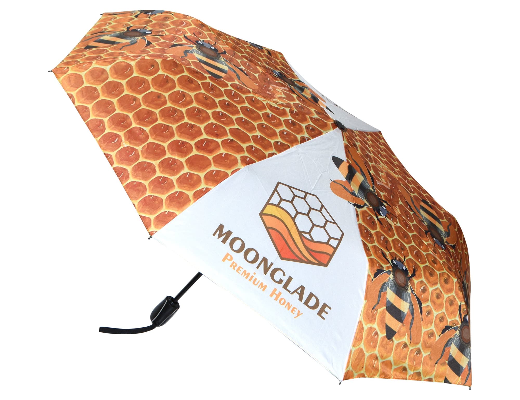 A full colour umbrella featuring a honeycomb design with bees, predominantly in shades of yellow and white. It includes a logo.