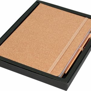 A gold glitter A5 notebook with an elastic band and a matching pen, neatly presented in a black gift box.