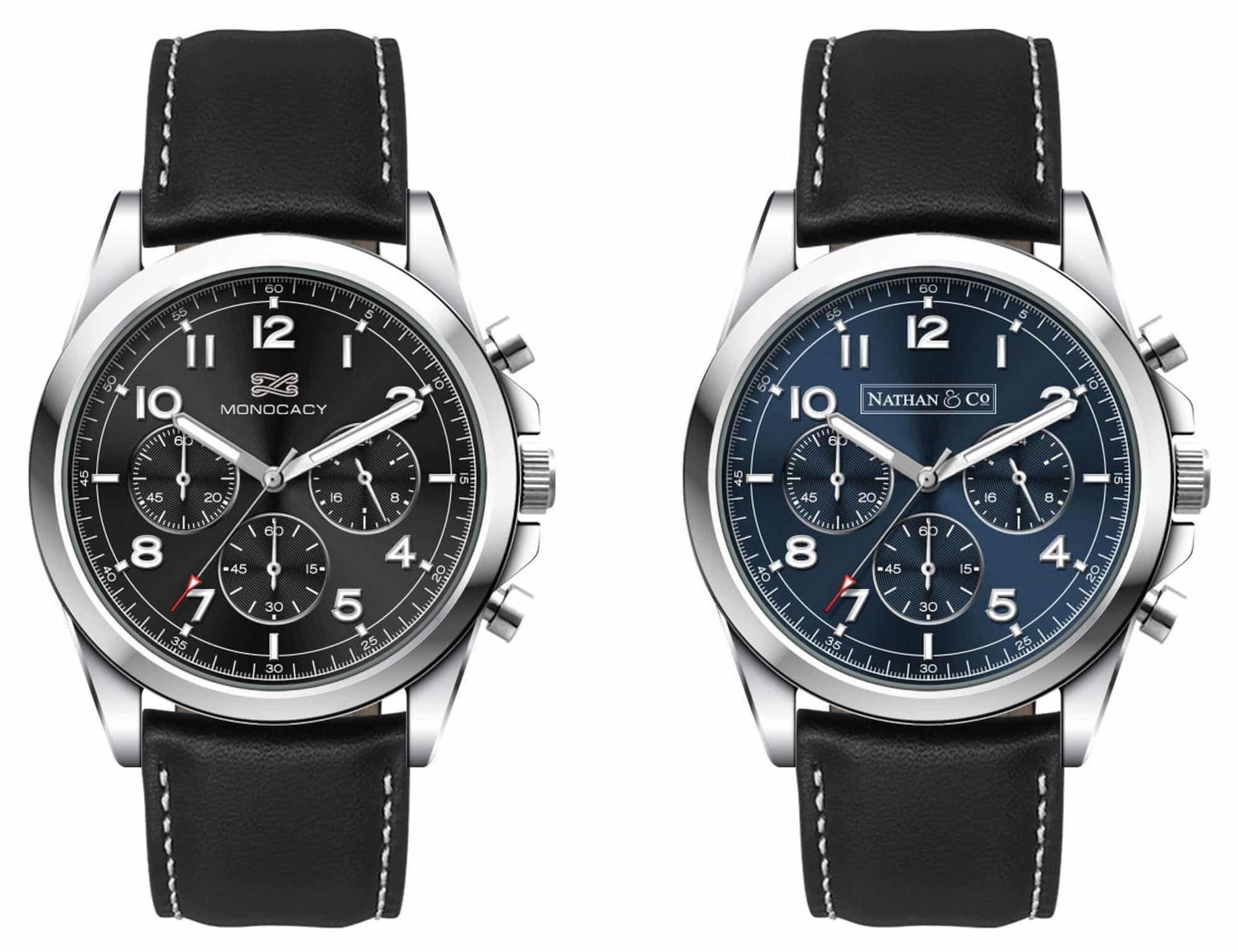 A unisex Chrono watch with a black leather strap, featuring two dial options: black and blue. Each has a branded logo.