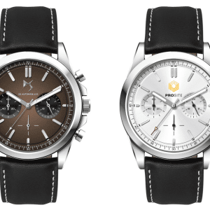 A unisex watch featuring a brown dial and black leather strap alongside a silver dial and leather strap watch.