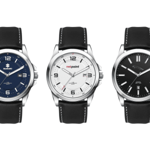 A casual unisex watch collection featuring leather straps, silver cases, and dials in blue, white, and black.