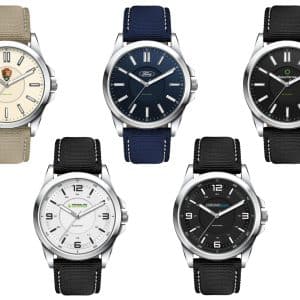 A collection of five unisex solar watches featuring various dial colours, with rPET straps and metallic cases. Each watch has a logo.