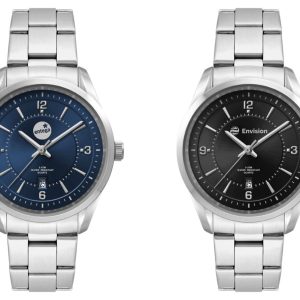 Two stainless steel strap watches featuring a blue dial and a black dial, both with numeric markers and a date display.