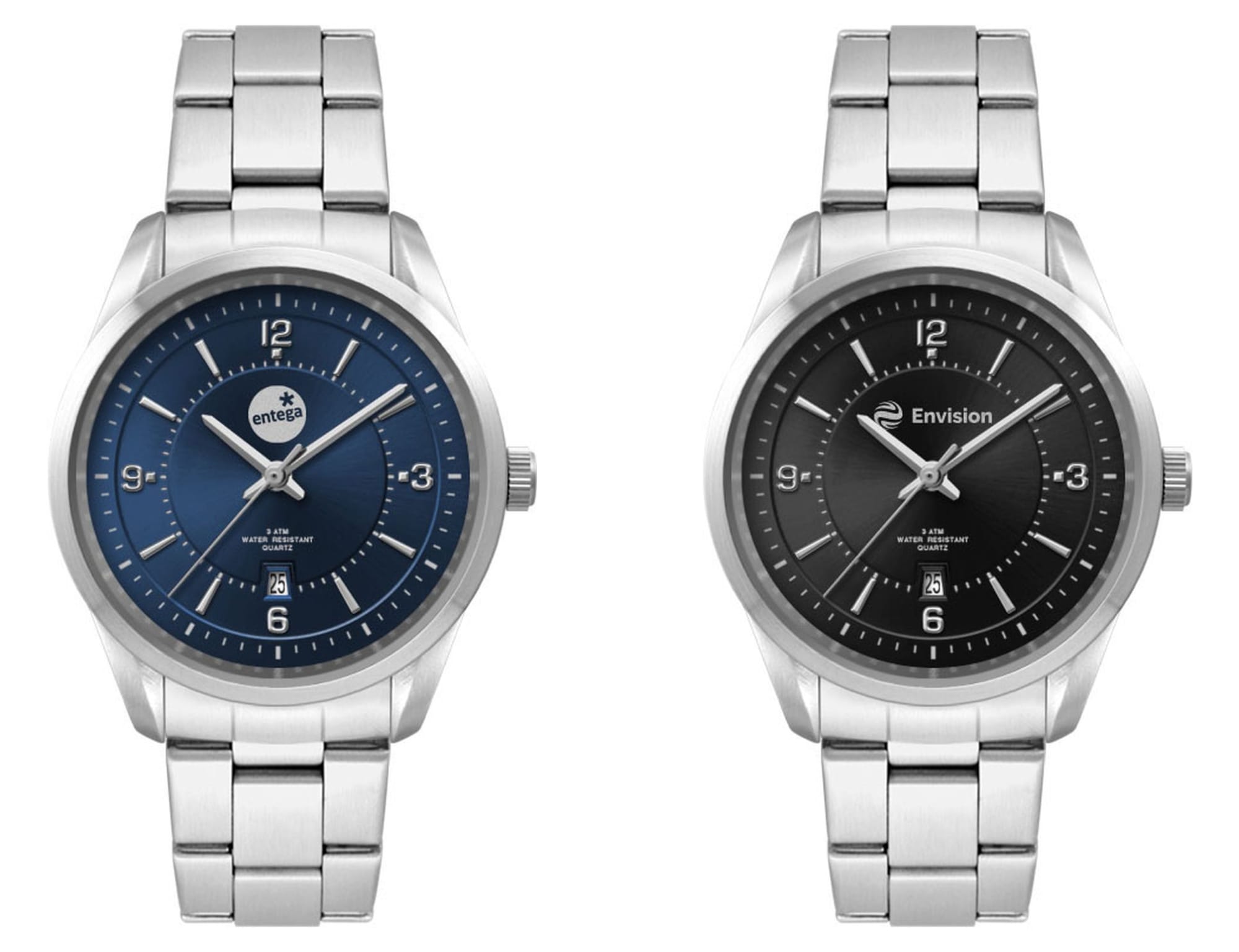 Two stainless steel strap watches featuring a blue dial and a black dial, both with numeric markers and a date display.