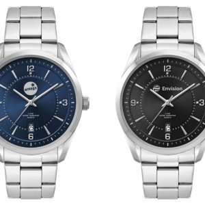 A casual dress watch with a stainless steel strap, featuring a blue and a black dial design. Both have branding.