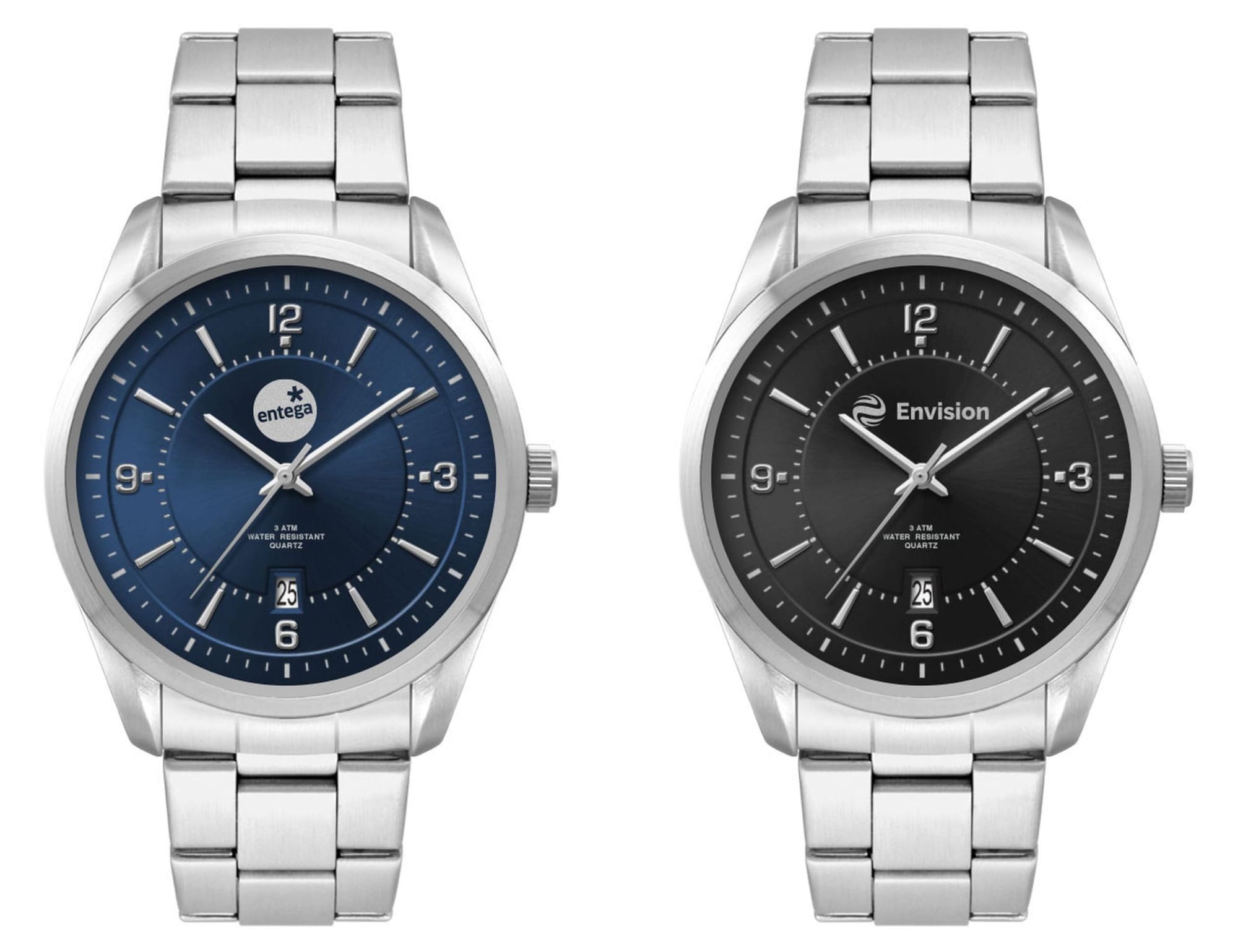A casual dress watch with a stainless steel strap, featuring a blue and a black dial design. Both have branding.
