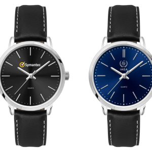 A pair of ladies' dress watches featuring a black and a navy blue dial, both with leather straps and silver-tone cases.