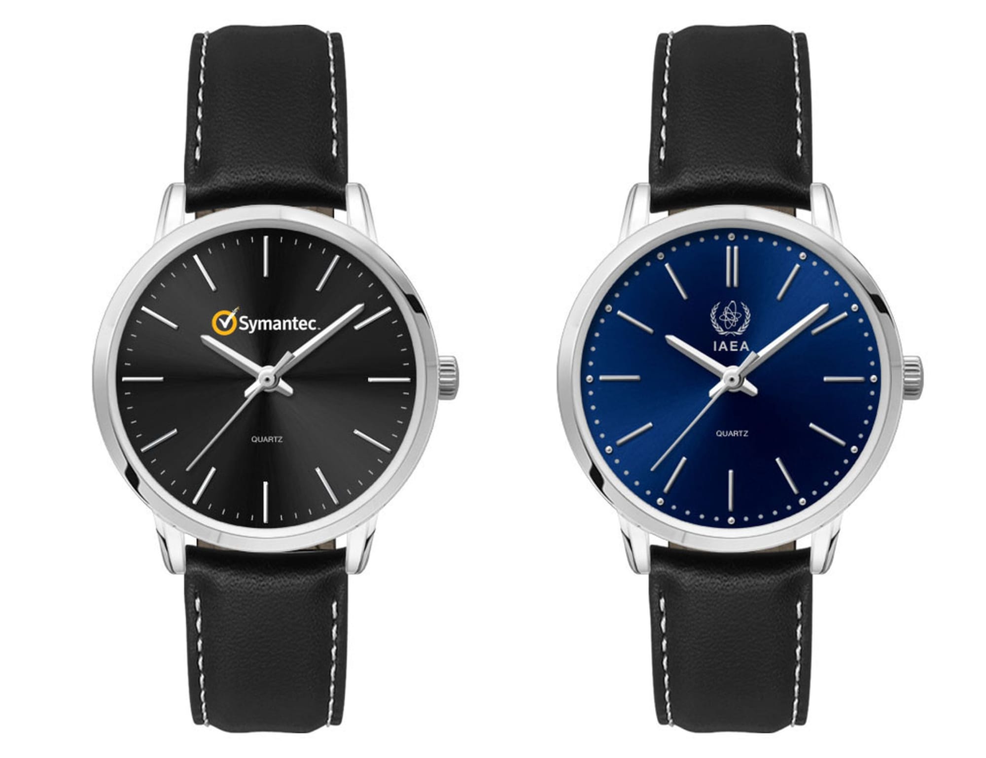 A pair of ladies' dress watches featuring a black and a navy blue dial, both with leather straps and silver-tone cases.