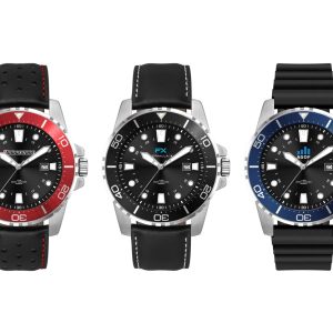 A collection of three sports watches featuring leather and silicone straps, with red, black, and blue accents.