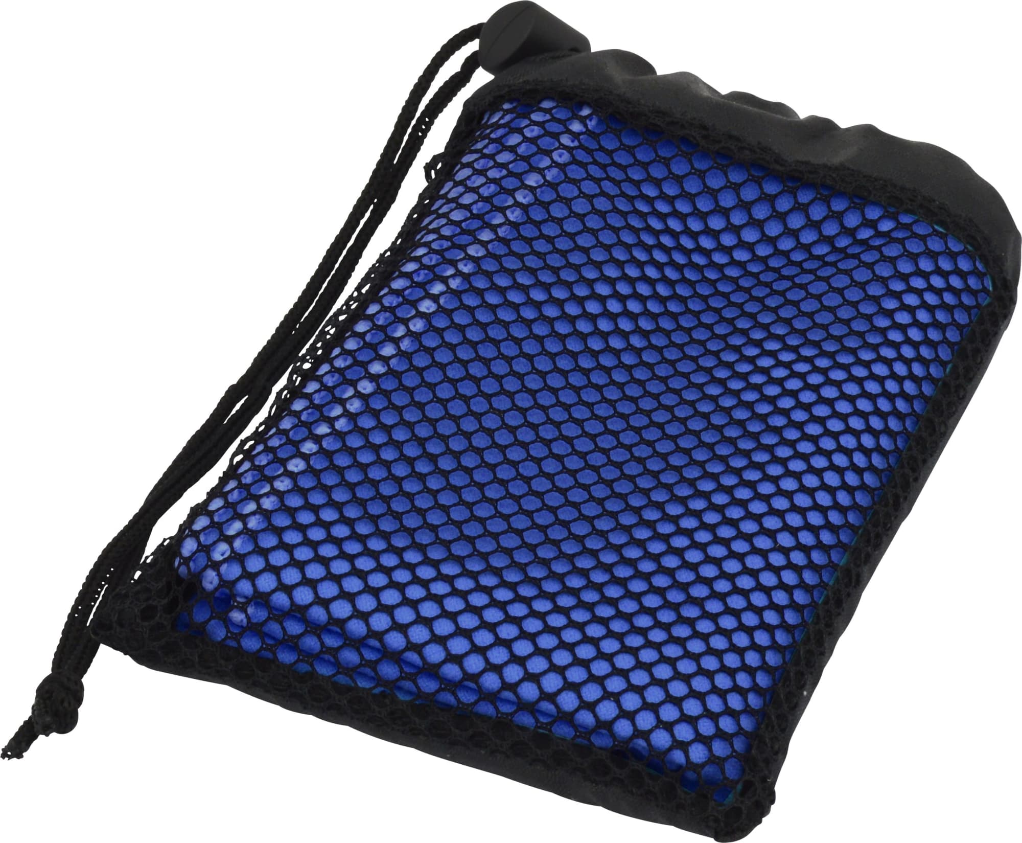 A blue microfibre towel enclosed in a black mesh pouch with a drawstring closure.