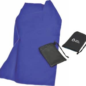 A purple microfibre towel accompanied by two small black pouches, one with a logo.